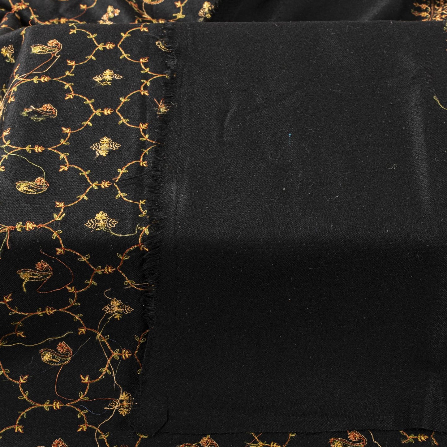Sanskriti Vintage Black Wool Shawl Kashmiri Hand Embroidered Suzani Warm Stole
