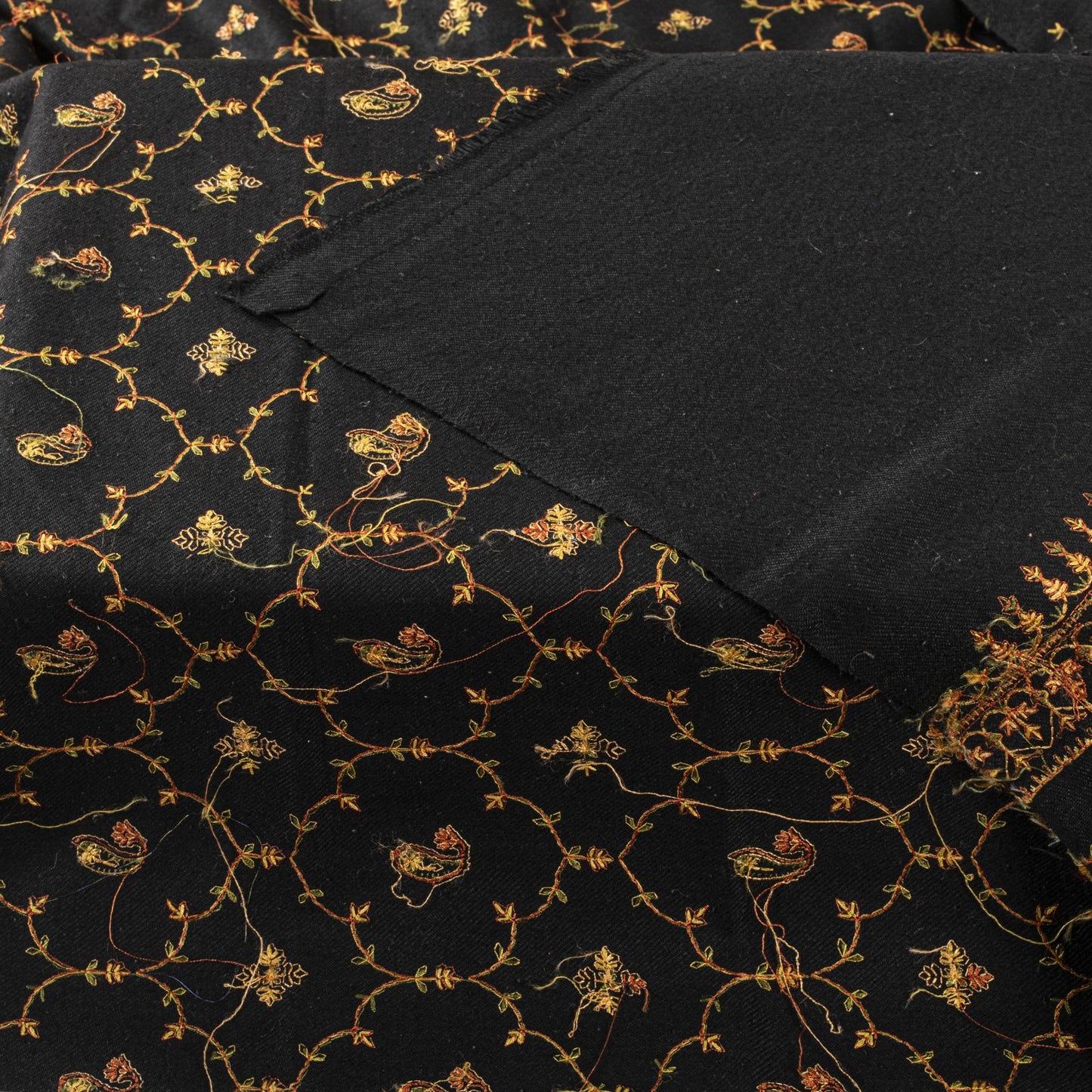 Sanskriti Vintage Black Wool Shawl Kashmiri Hand Embroidered Suzani Warm Stole