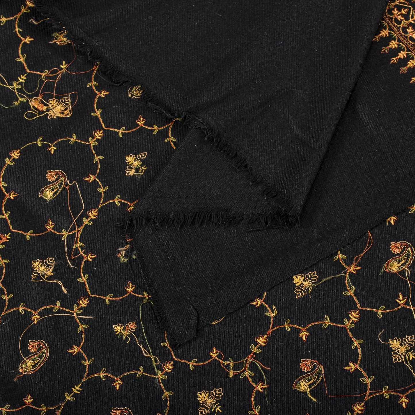 Sanskriti Vintage Black Wool Shawl Kashmiri Hand Embroidered Suzani Warm Stole