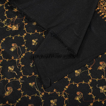 Sanskriti Vintage Black Wool Shawl Kashmiri Hand Embroidered Suzani Warm Stole