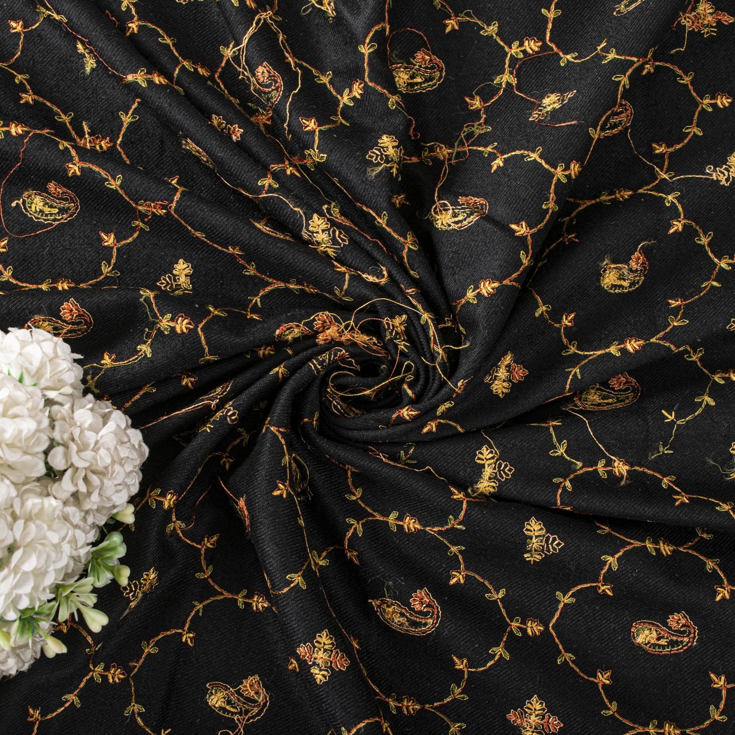 Sanskriti Vintage Black Wool Shawl Kashmiri Hand Embroidered Suzani Warm Stole