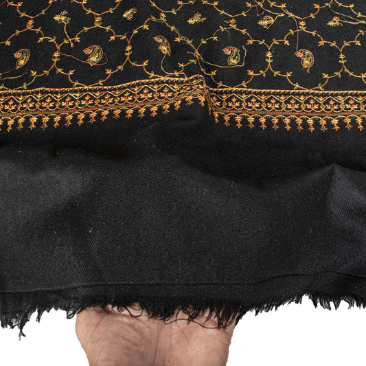 Sanskriti Vintage Black Wool Shawl Kashmiri Hand Embroidered Suzani Warm Stole