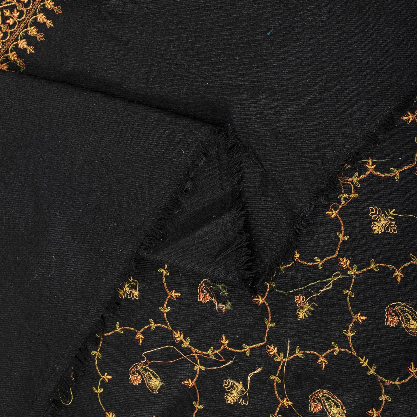 Sanskriti Vintage Black Wool Shawl Kashmiri Hand Embroidered Suzani Warm Stole