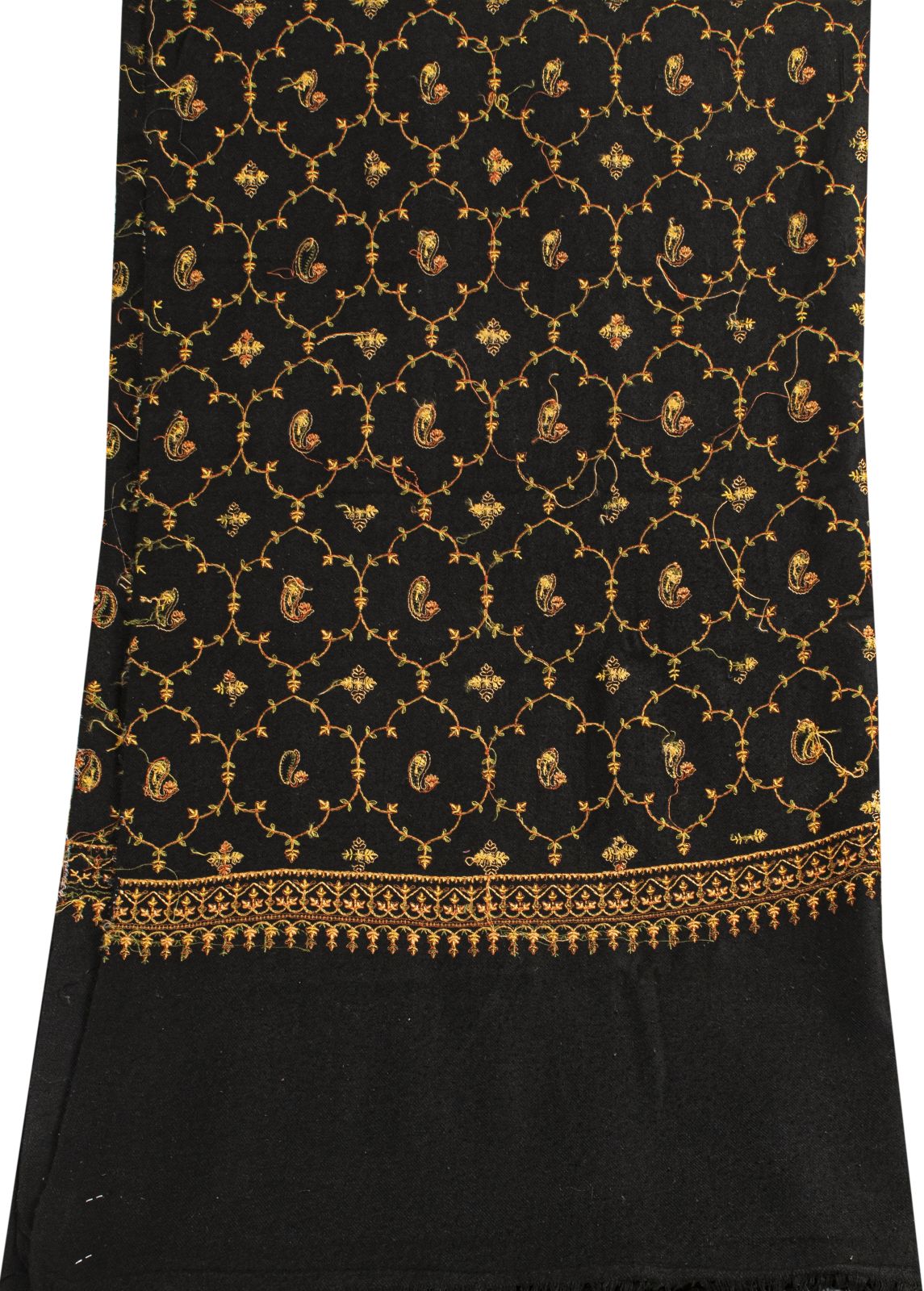 Sanskriti Vintage Black Wool Shawl Kashmiri Hand Embroidered Suzani Warm Stole