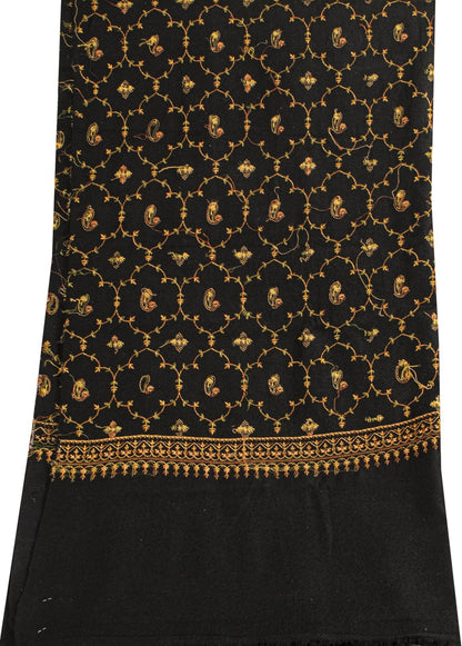 Sanskriti Vintage Black Wool Shawl Kashmiri Hand Embroidered Suzani Warm Stole