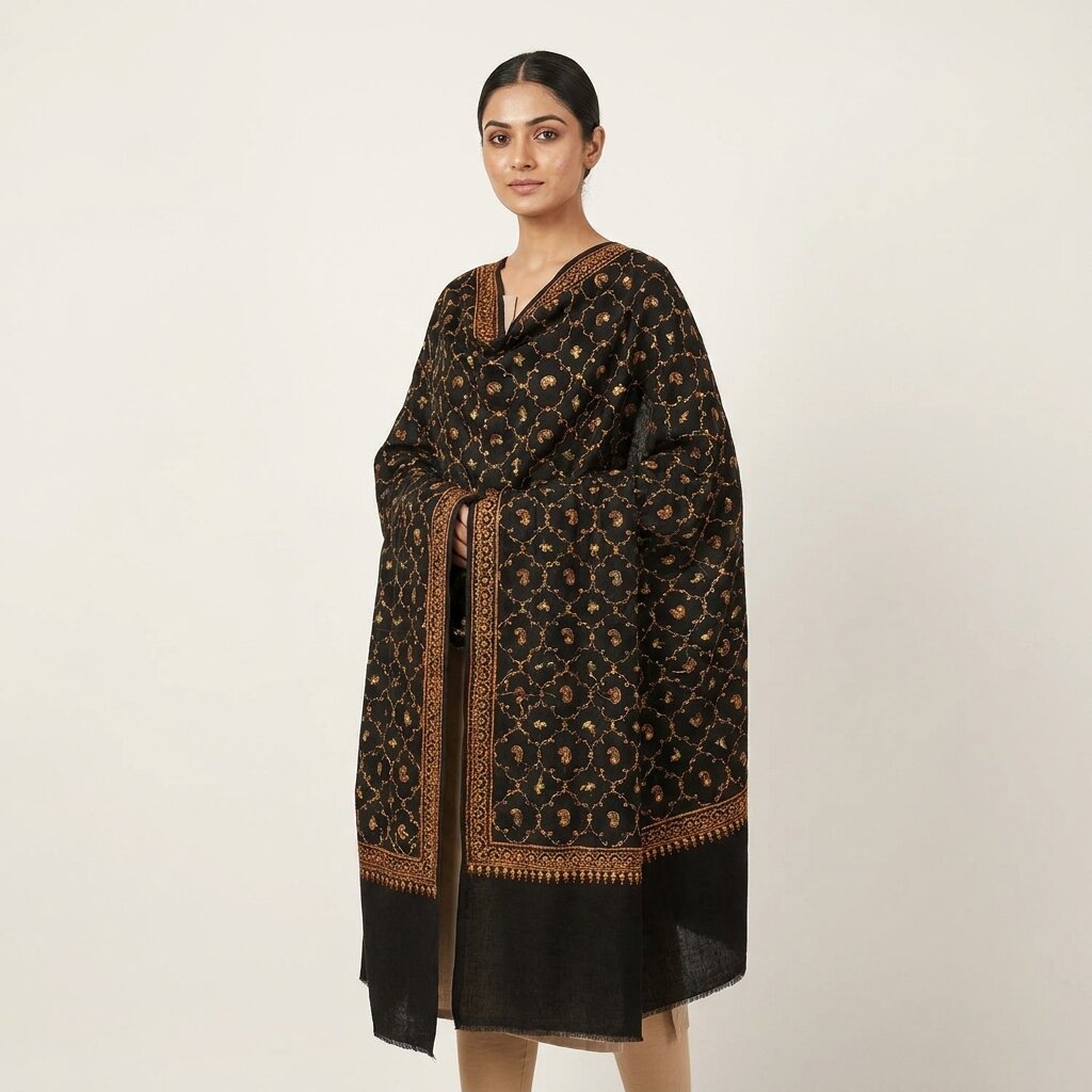 Sanskriti Vintage Black Wool Shawl Kashmiri Hand Embroidered Suzani Warm Stole