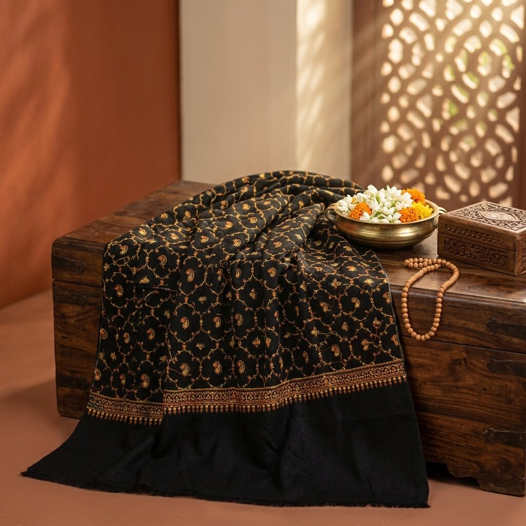 Sanskriti Vintage Black Wool Shawl Kashmiri Hand Embroidered Suzani Warm Stole