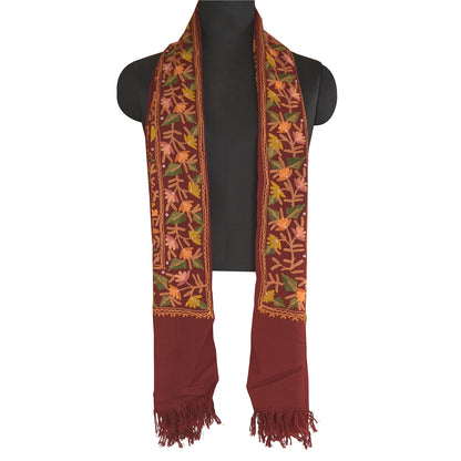 Sanskriti Vintage Long Pure Woolen Dark Red Shawl Handmade Ari Work Scarf Stole