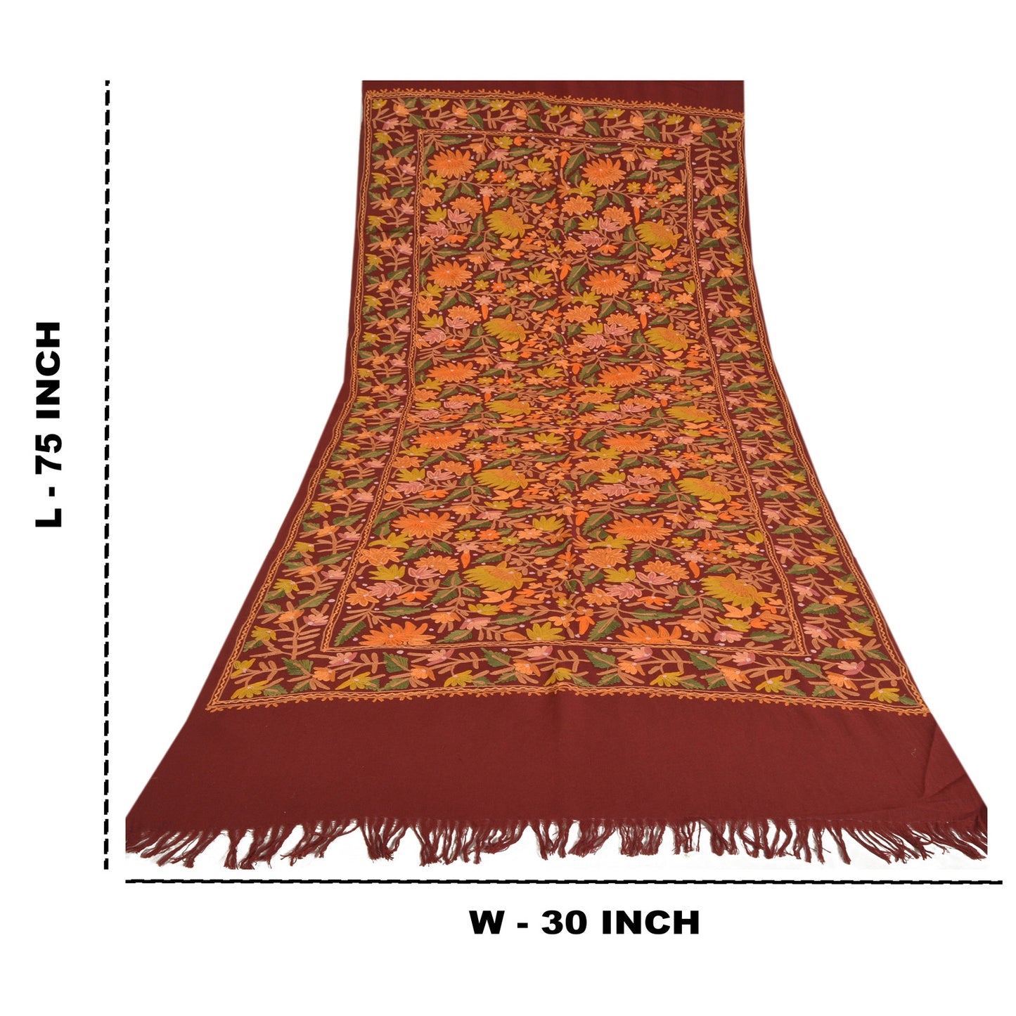Sanskriti Vintage Long Pure Woolen Dark Red Shawl Handmade Ari Work Scarf Stole
