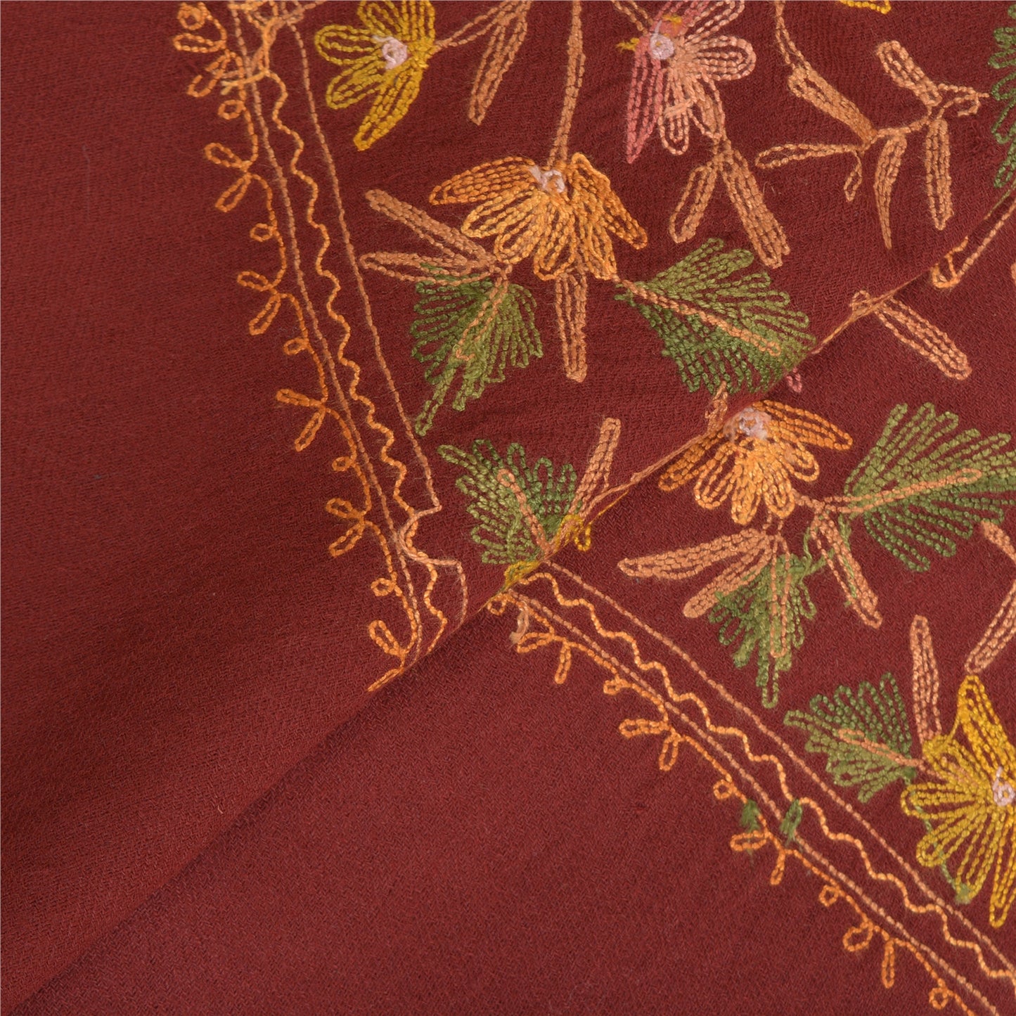 Sanskriti Vintage Long Pure Woolen Dark Red Shawl Handmade Ari Work Scarf Stole