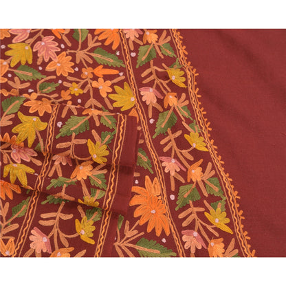 Sanskriti Vintage Long Pure Woolen Dark Red Shawl Handmade Ari Work Scarf Stole