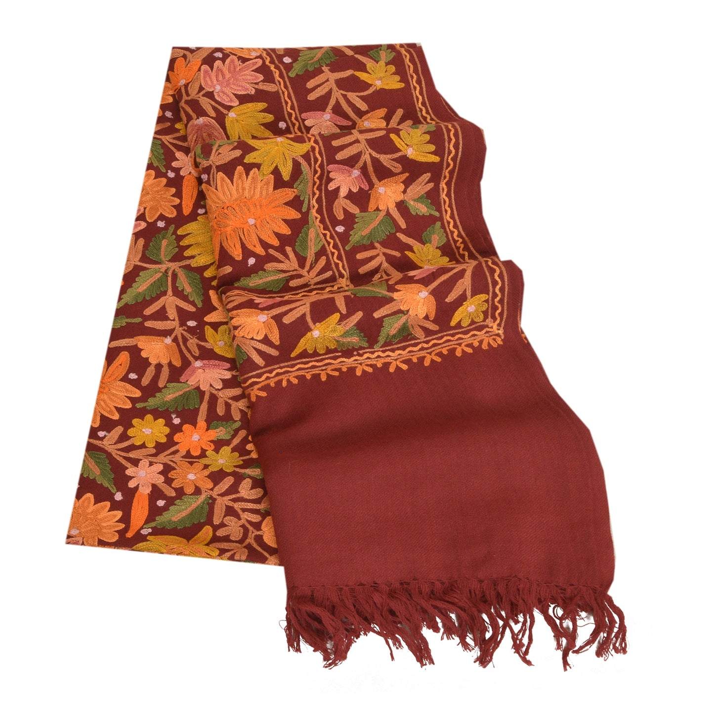 Sanskriti Vintage Long Pure Woolen Dark Red Shawl Handmade Ari Work Scarf Stole