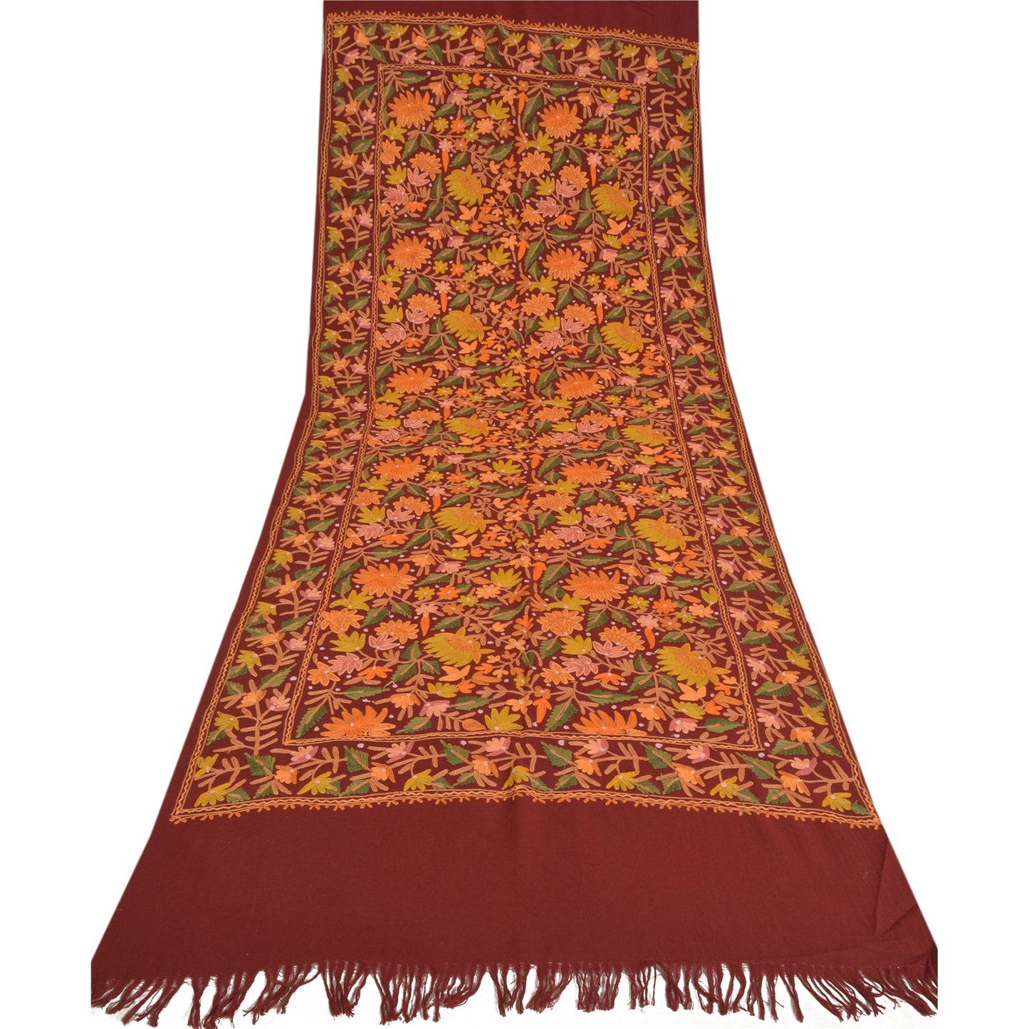 Sanskriti Vintage Long Pure Woolen Dark Red Shawl Handmade Ari Work Scarf Stole