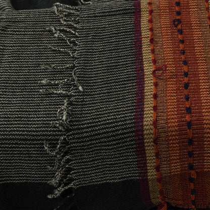 Sanskriti Vintage Black Pure Wool Shawl Woven Thread Border Stole Soft Warm Wrap
