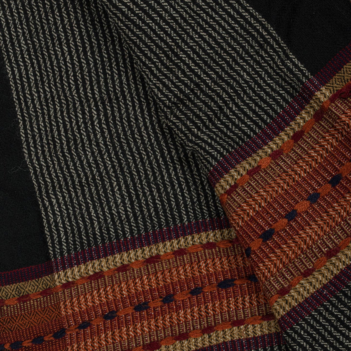 Sanskriti Vintage Black Pure Wool Shawl Woven Thread Border Stole Soft Warm Wrap