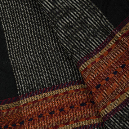 Sanskriti Vintage Black Pure Wool Shawl Woven Thread Border Stole Soft Warm Wrap