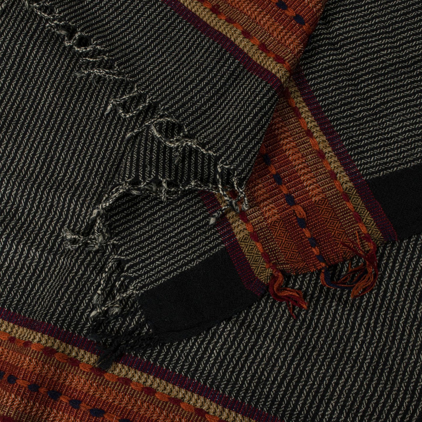 Sanskriti Vintage Black Pure Wool Shawl Woven Thread Border Stole Soft Warm Wrap