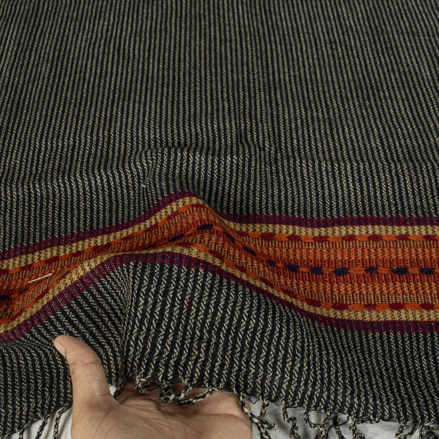 Sanskriti Vintage Black Pure Wool Shawl Woven Thread Border Stole Soft Warm Wrap