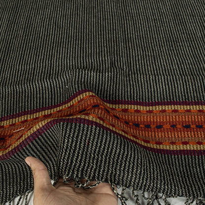 Sanskriti Vintage Black Pure Wool Shawl Woven Thread Border Stole Soft Warm Wrap