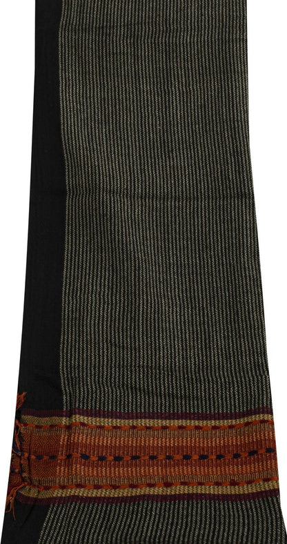 Sanskriti Vintage Black Pure Wool Shawl Woven Thread Border Stole Soft Warm Wrap
