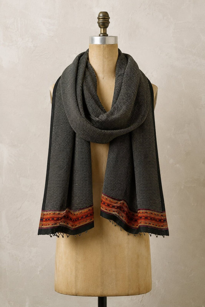 Sanskriti Vintage Black Pure Wool Shawl Woven Thread Border Stole Soft Warm Wrap
