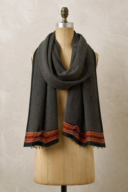 Sanskriti Vintage Black Pure Wool Shawl Woven Thread Border Stole Soft Warm Wrap