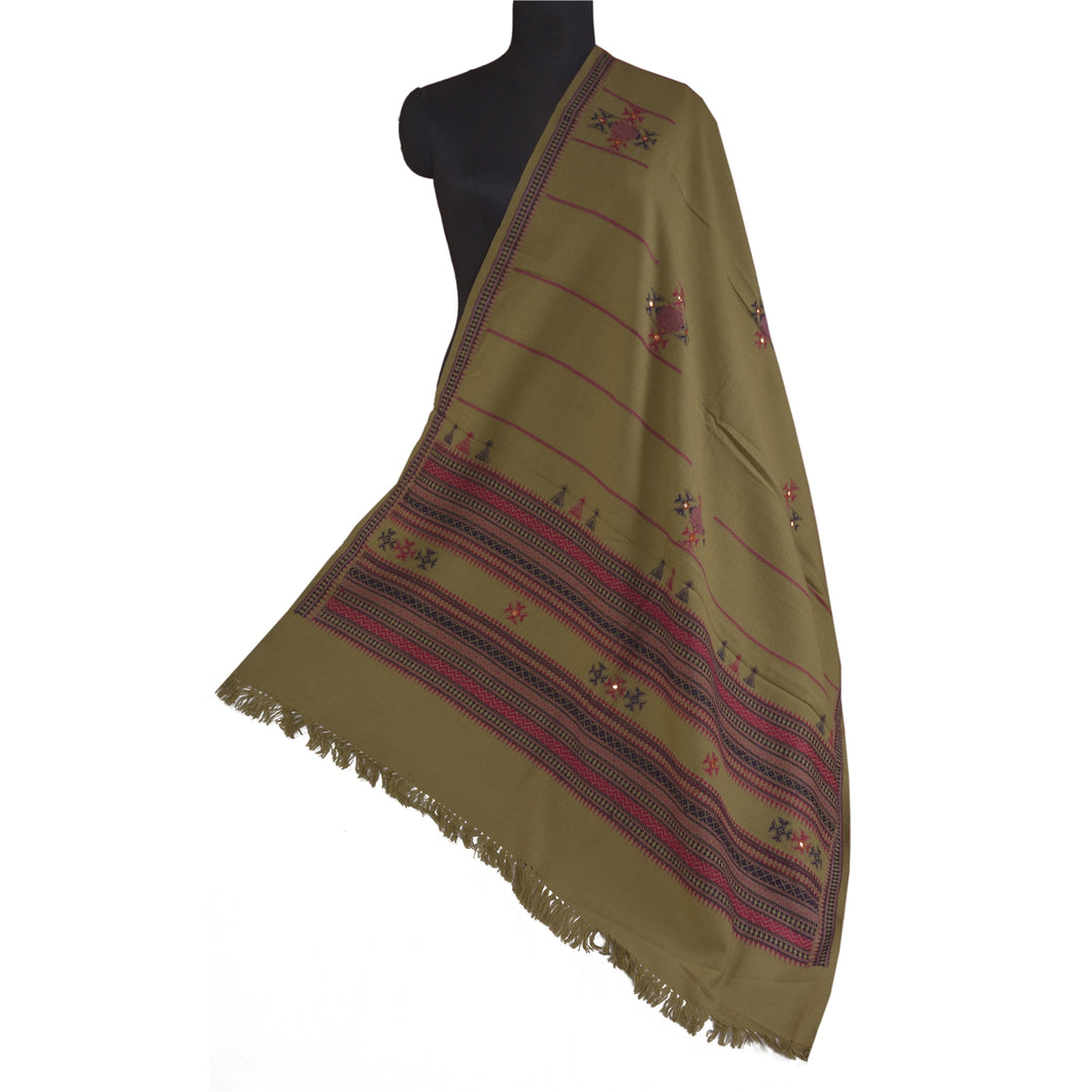 Sanskriti Vintage Long Green Woolen Shawl Hand Embroidered Scarf Throw Stole