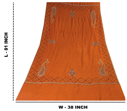 Sanskriti Vintage Long Pure Woolen Orange Shawl Handmade Suzani Scarf Stole
