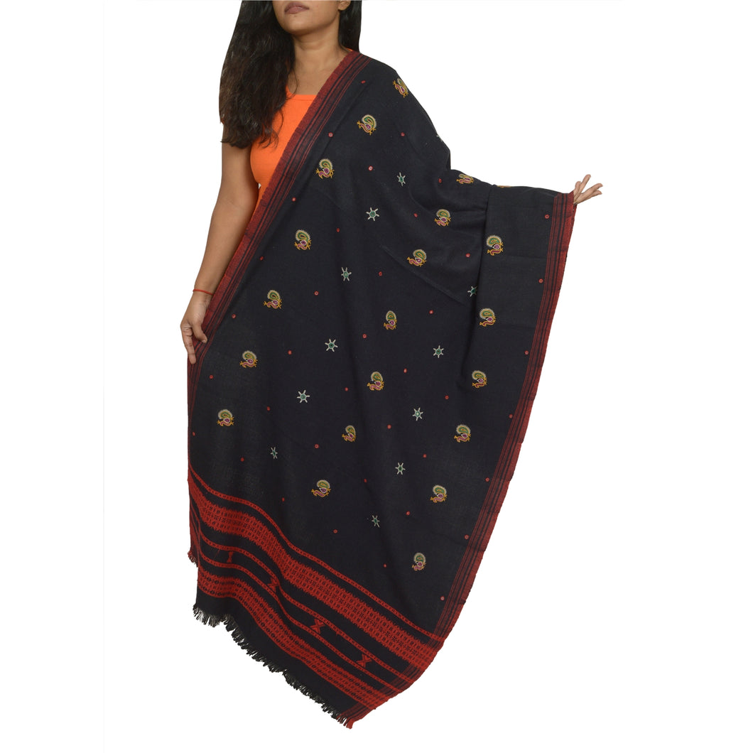 Sanskriti Vintage Long Black Woolen Shawl Embroidered Woven Scarf Throw Stole