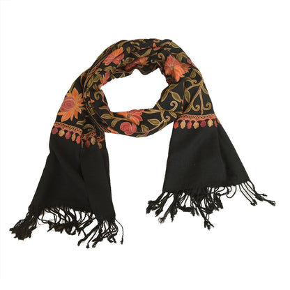 Sanskriti Vintage Long Black Pure Woolen Shawl Handmade Ari Work Scarf Stole