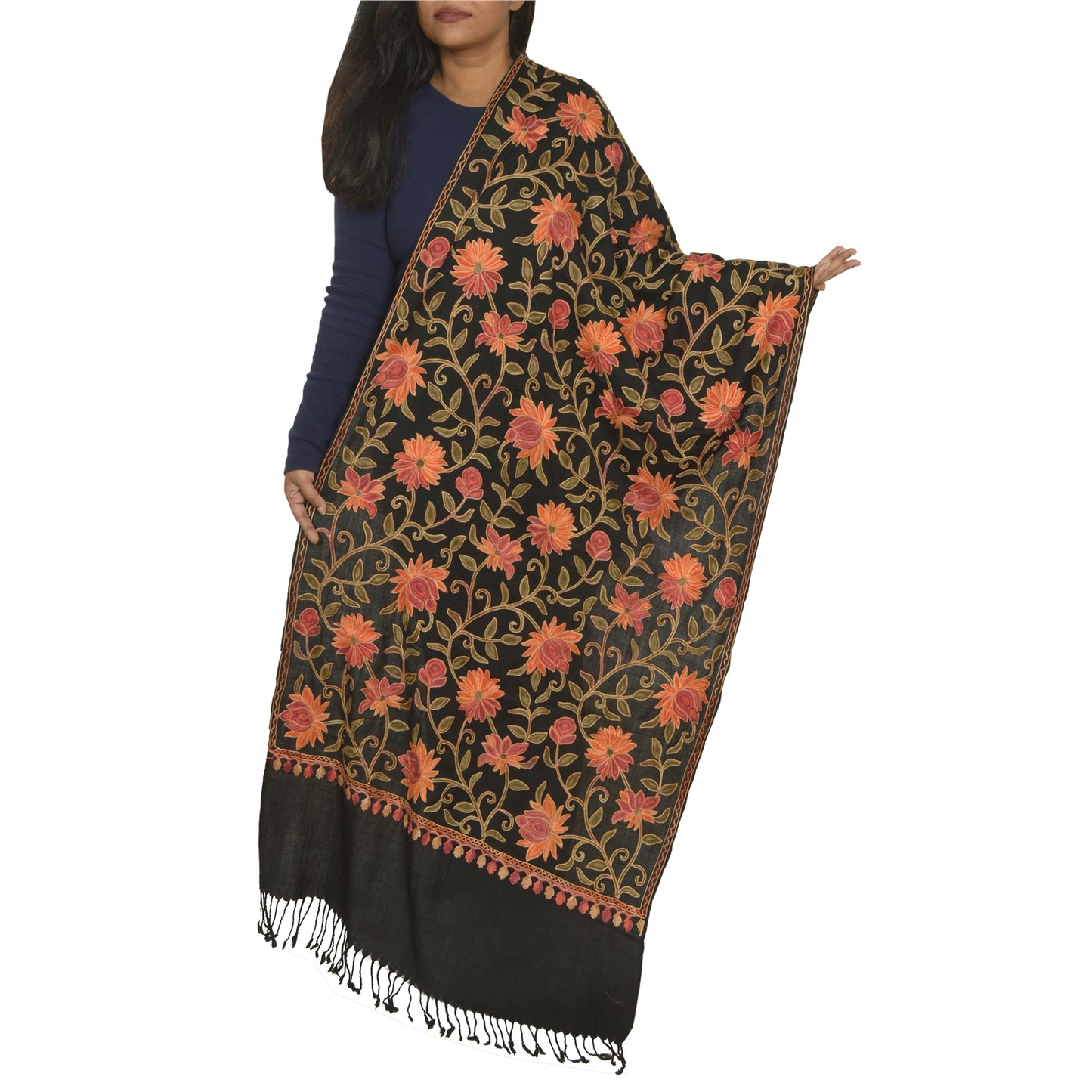 Sanskriti Vintage Long Black Pure Woolen Shawl Handmade Ari Work Scarf Stole