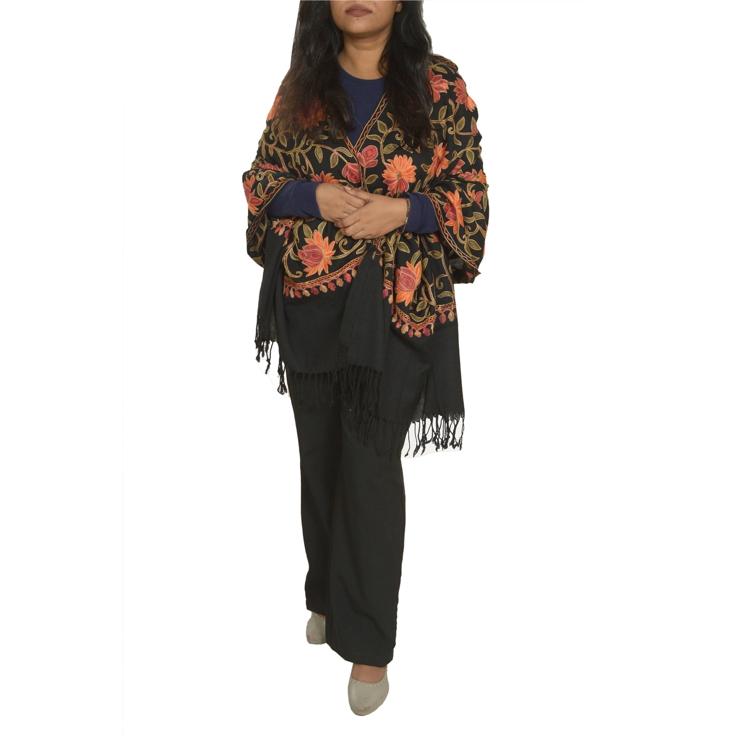 Sanskriti Vintage Long Black Pure Woolen Shawl Handmade Ari Work Scarf Stole