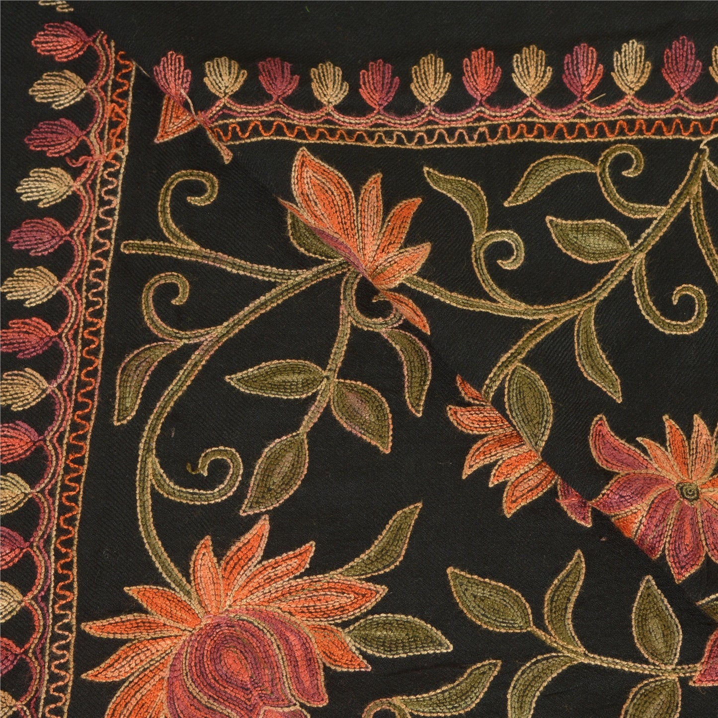 Sanskriti Vintage Long Black Pure Woolen Shawl Handmade Ari Work Scarf Stole