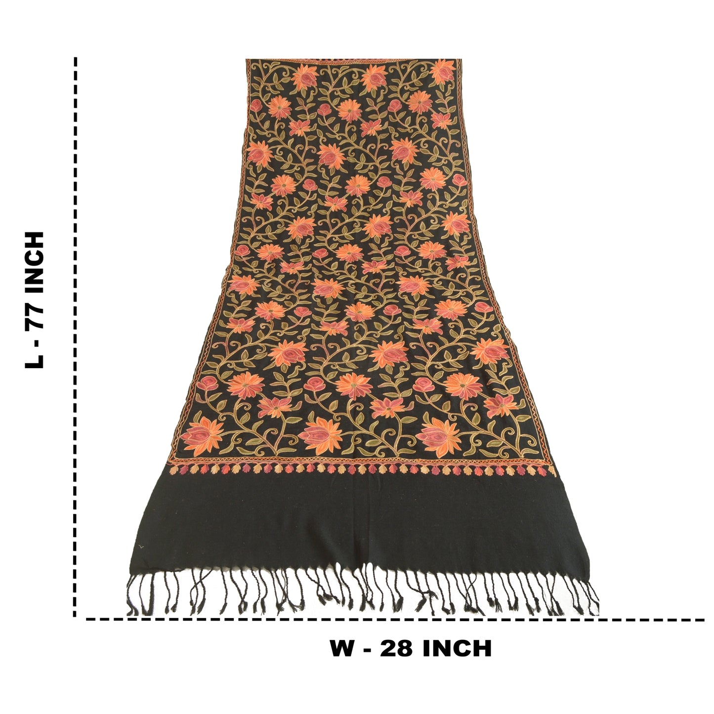 Sanskriti Vintage Long Black Pure Woolen Shawl Handmade Ari Work Scarf Stole