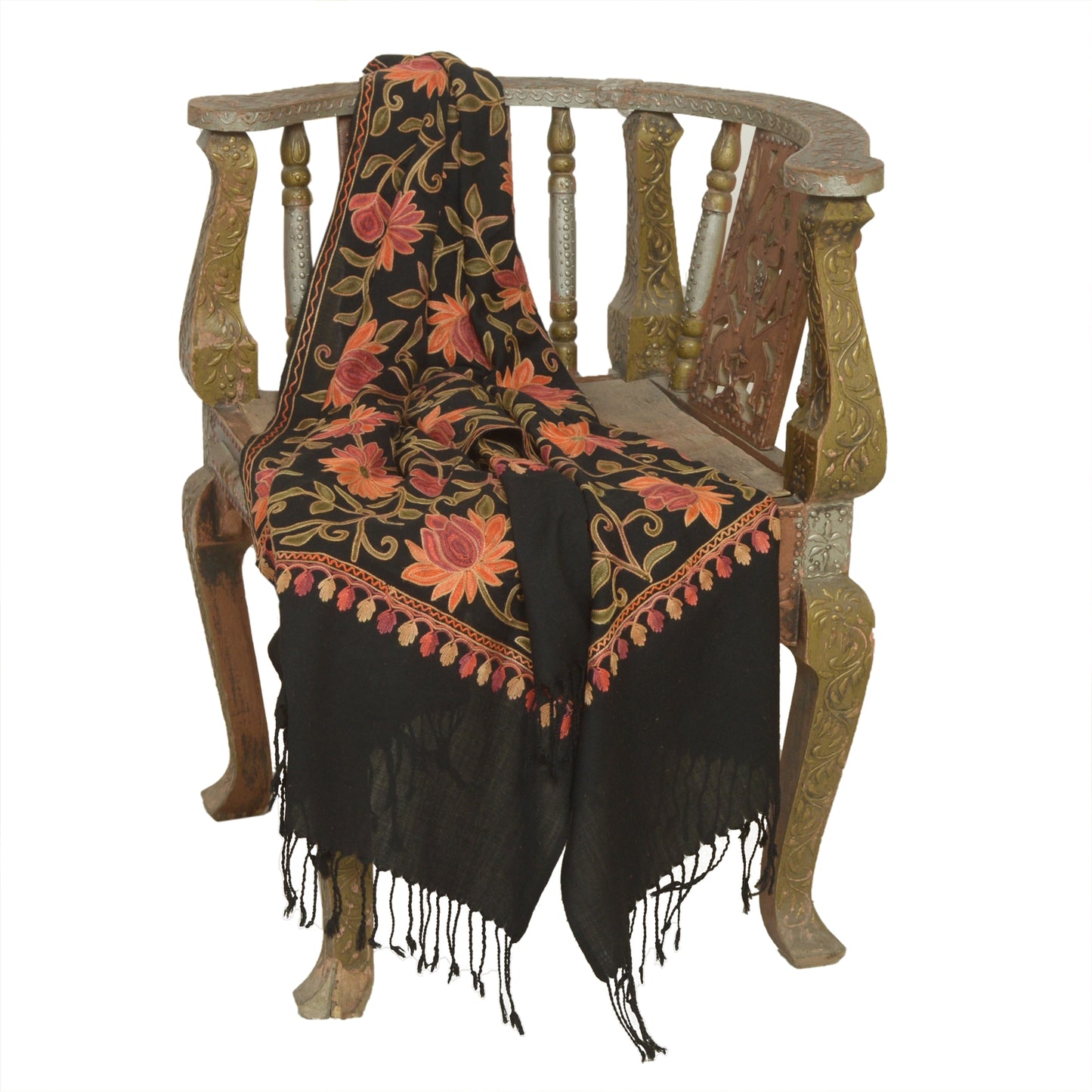 Sanskriti Vintage Long Black Pure Woolen Shawl Handmade Ari Work Scarf Stole
