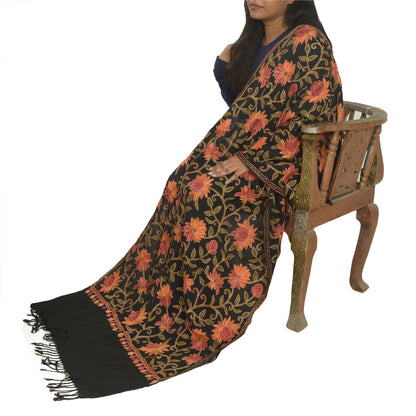 Sanskriti Vintage Long Black Pure Woolen Shawl Handmade Ari Work Scarf Stole