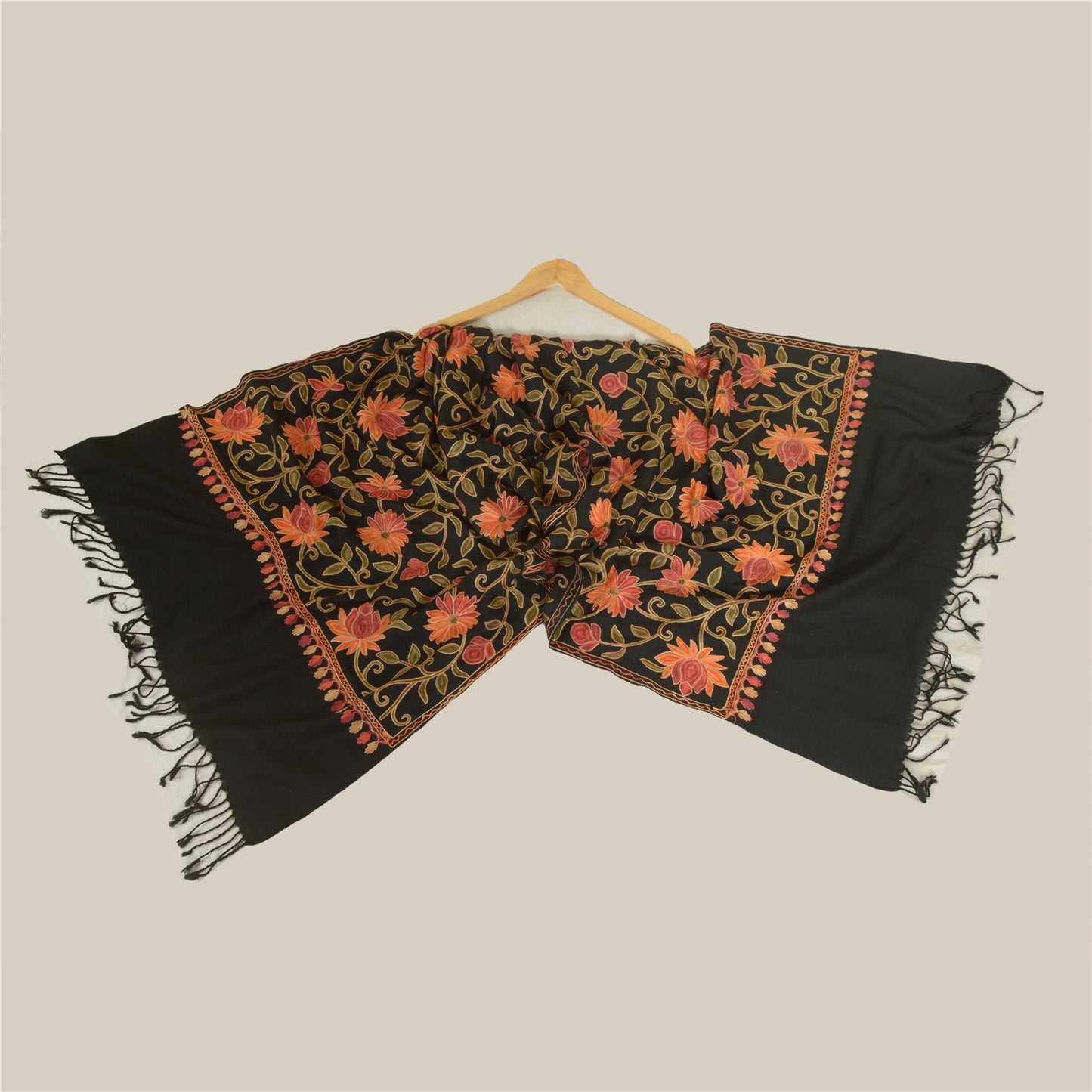 Sanskriti Vintage Long Black Pure Woolen Shawl Handmade Ari Work Scarf Stole