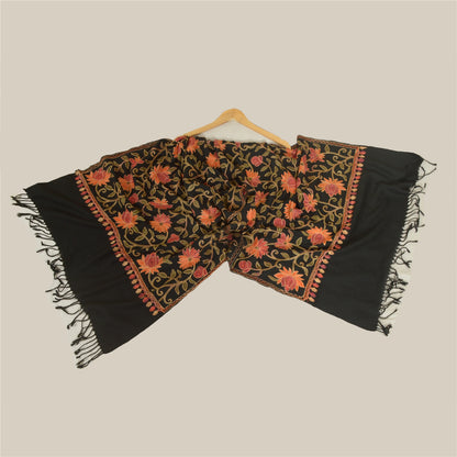 Sanskriti Vintage Long Black Pure Woolen Shawl Handmade Ari Work Scarf Stole