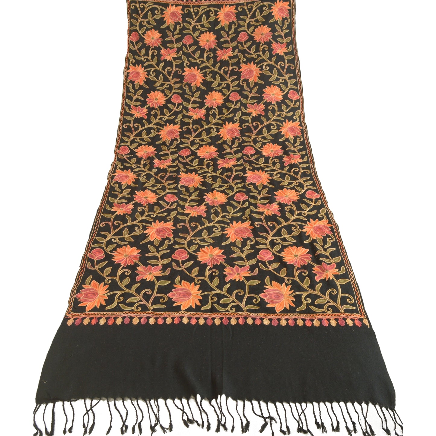 Sanskriti Vintage Long Black Pure Woolen Shawl Handmade Ari Work Scarf Stole
