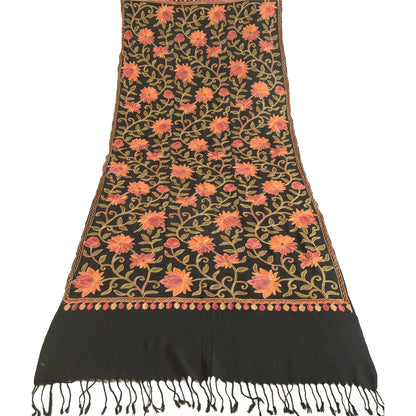 Sanskriti Vintage Long Black Pure Woolen Shawl Handmade Ari Work Scarf Stole