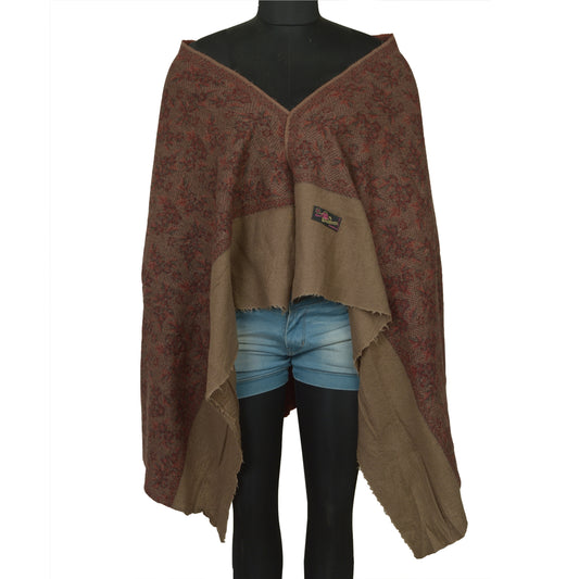 Sanskriti Vintage Long Brown Pure Woolen Shawl Woven Throw Scarf Wrap Stole