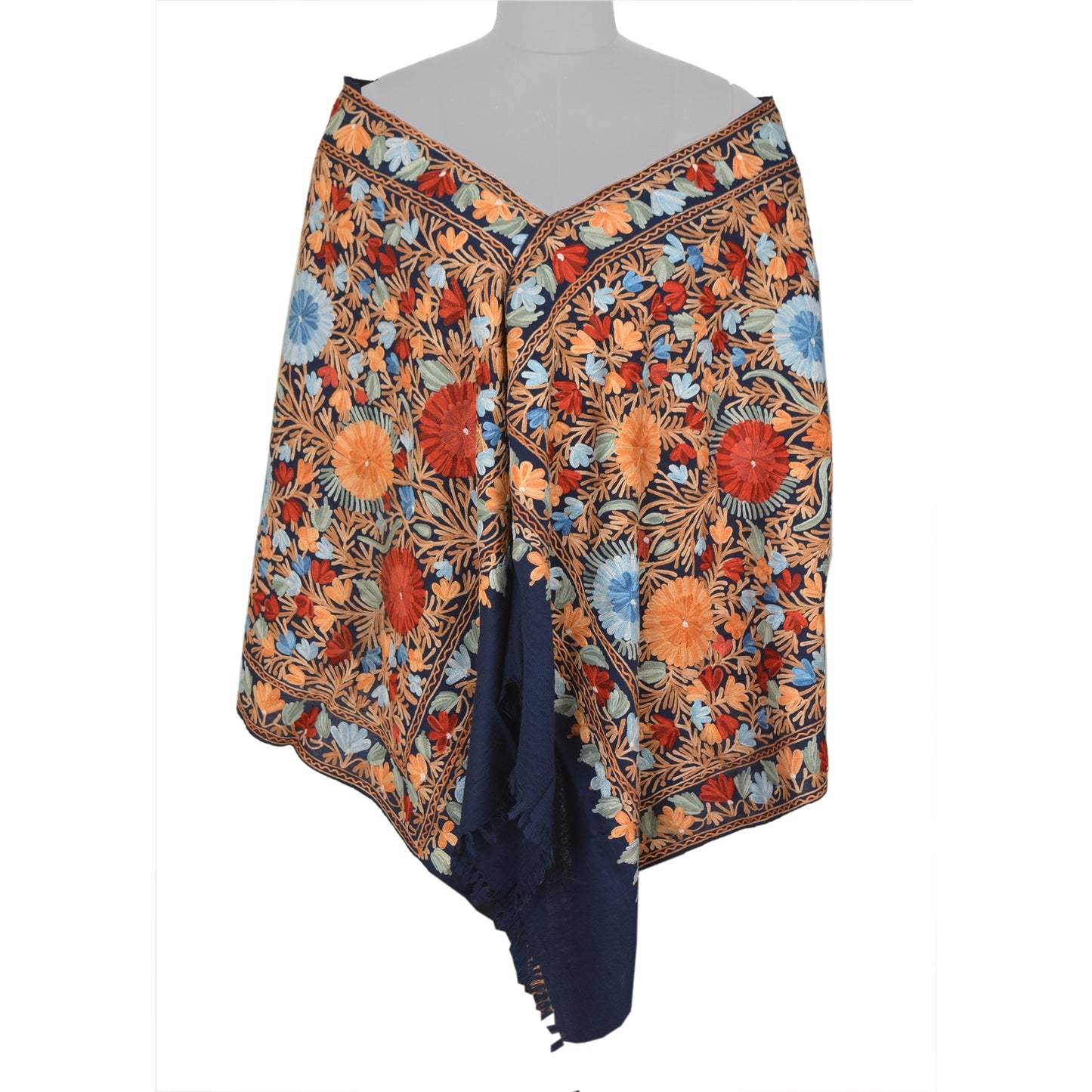 Sanskriti Vintage Long Stole Blue Pure Woolen Shawl Hand Embroidery Ari Scarf