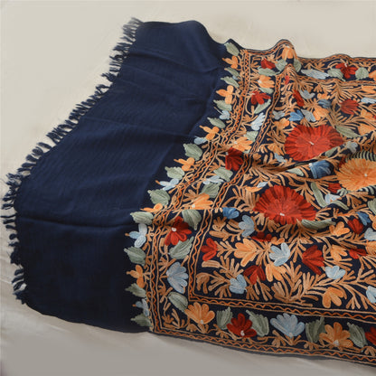 Sanskriti Vintage Long Stole Blue Pure Woolen Shawl Hand Embroidery Ari Scarf