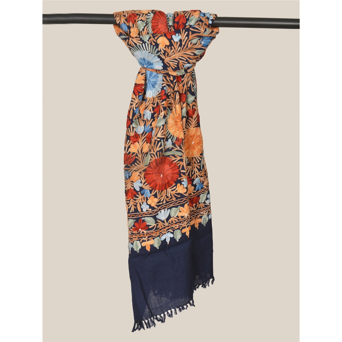 Sanskriti Vintage Long Stole Blue Pure Woolen Shawl Hand Embroidery Ari Scarf