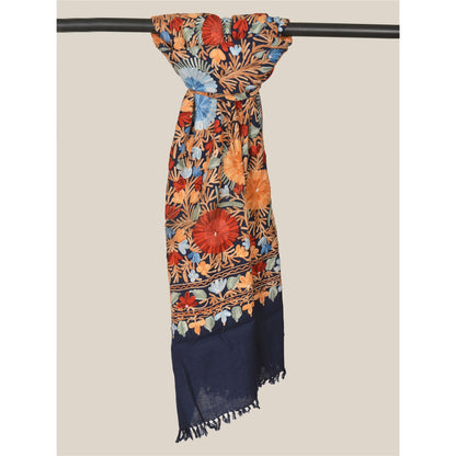 Sanskriti Vintage Long Stole Blue Pure Woolen Shawl Hand Embroidery Ari Scarf