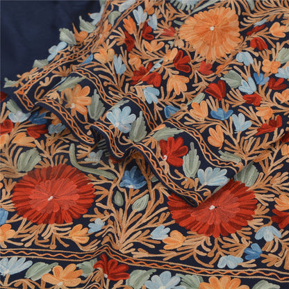 Sanskriti Vintage Long Stole Blue Pure Woolen Shawl Hand Embroidery Ari Scarf