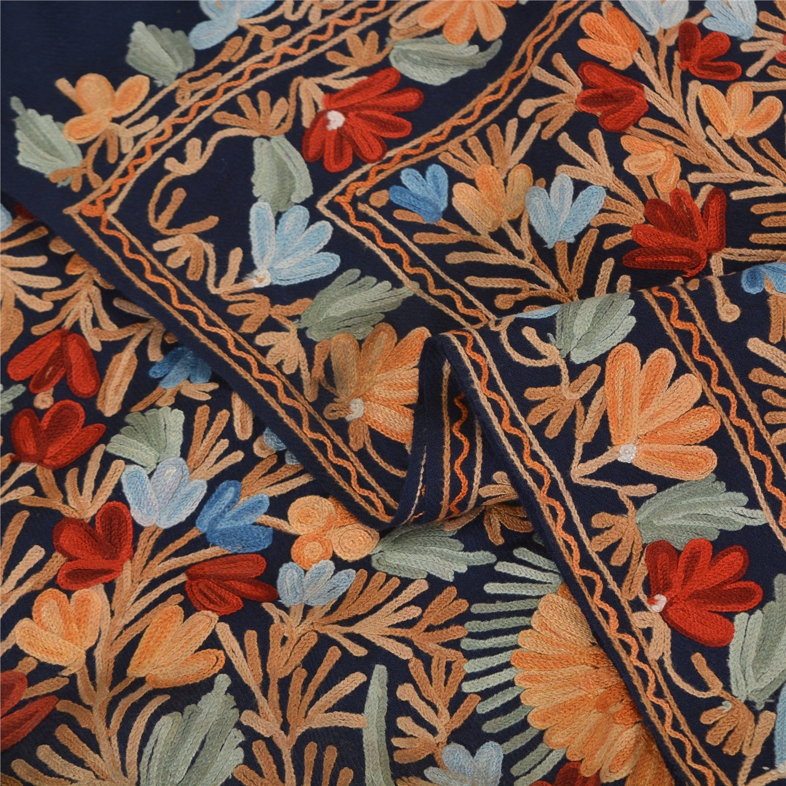 Sanskriti Vintage Long Stole Blue Pure Woolen Shawl Hand Embroidery Ari Scarf