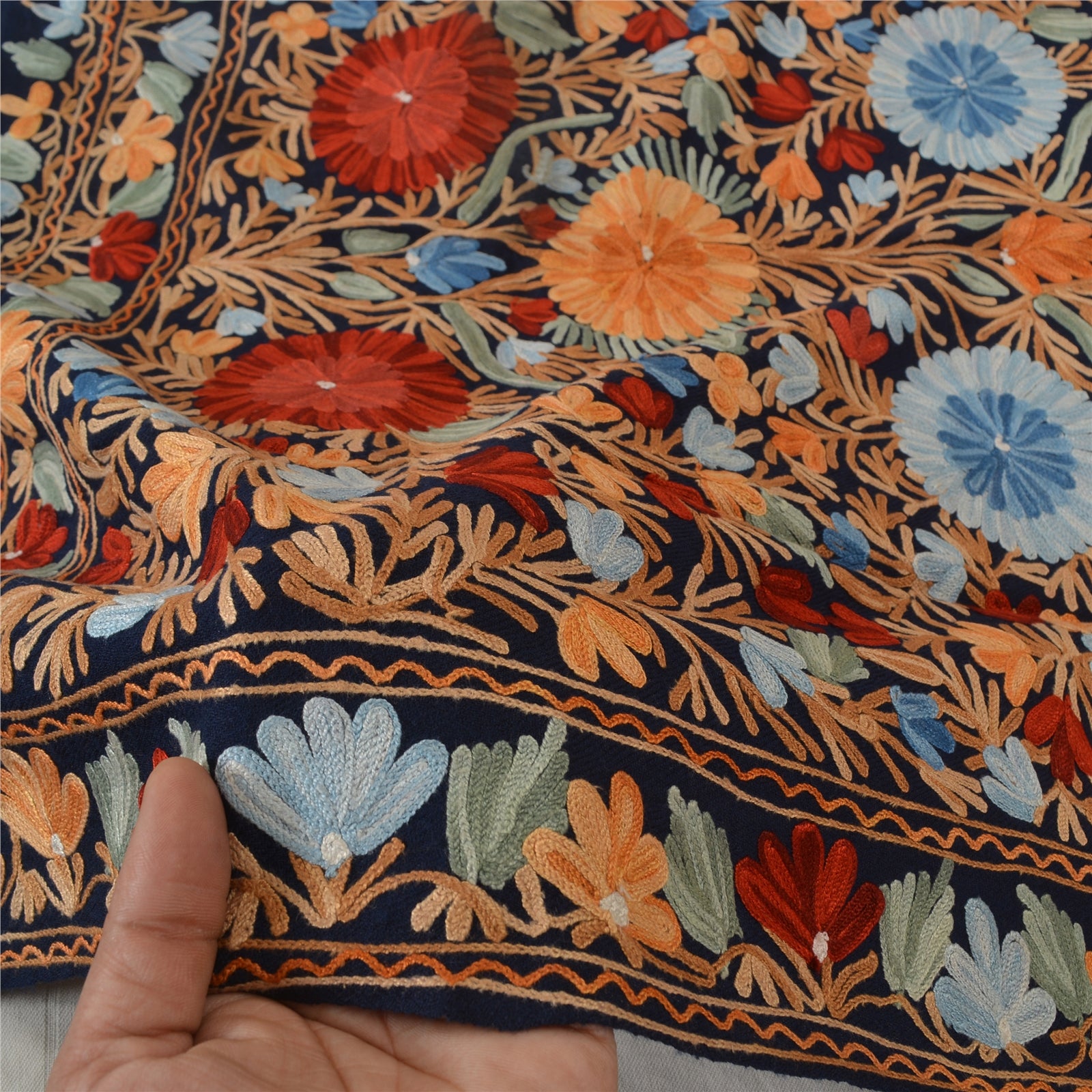 Sanskriti Vintage Long Stole Blue Pure Woolen Shawl Hand Embroidery Ari Scarf