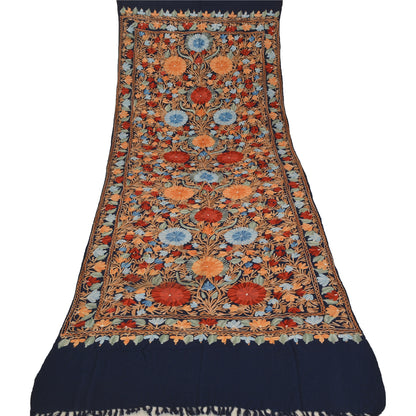 Sanskriti Vintage Long Stole Blue Pure Woolen Shawl Hand Embroidery Ari Scarf