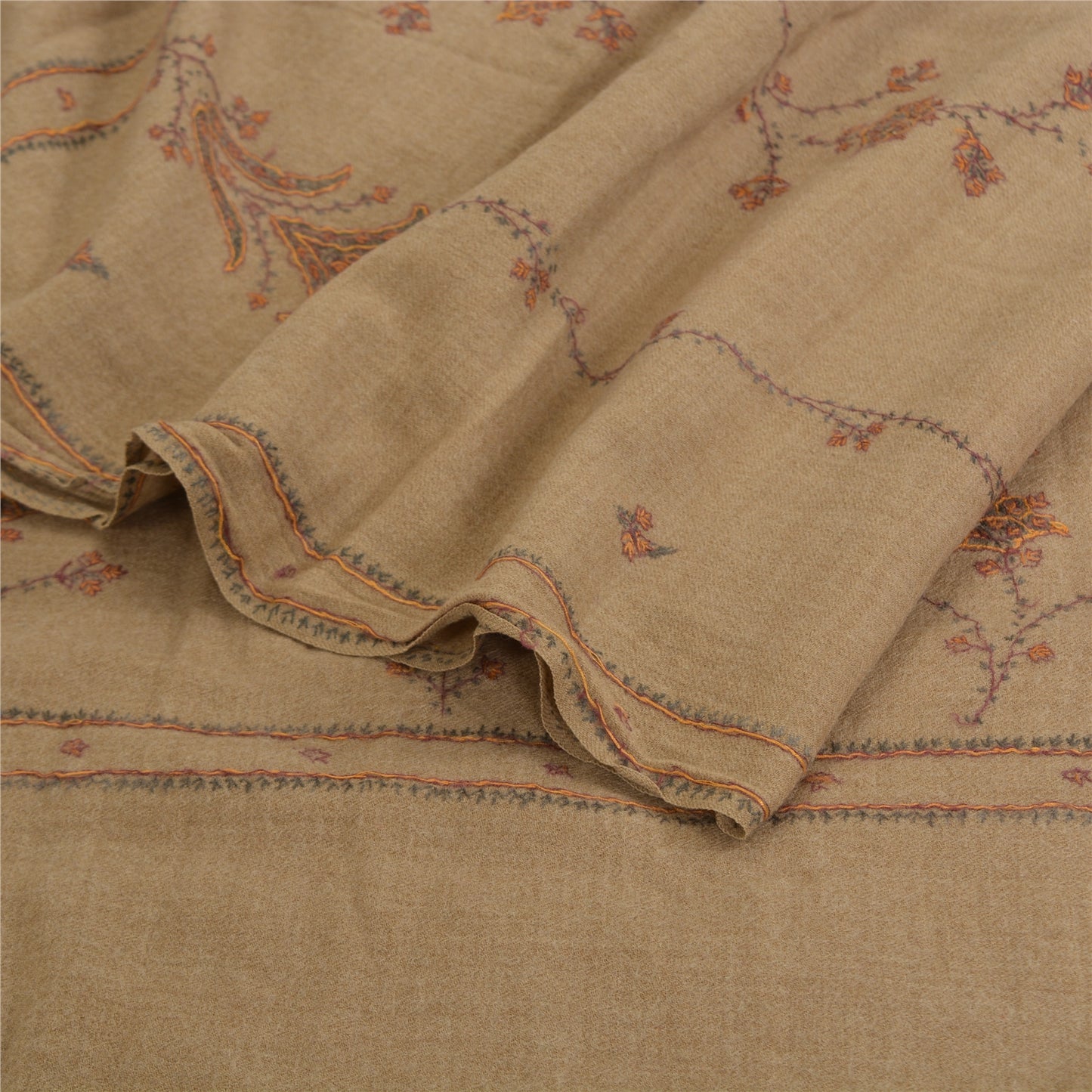 Sanskriti Vintage Brown Pure Woolen Shawl Hand Embroidery Suzani Long Stole Warm